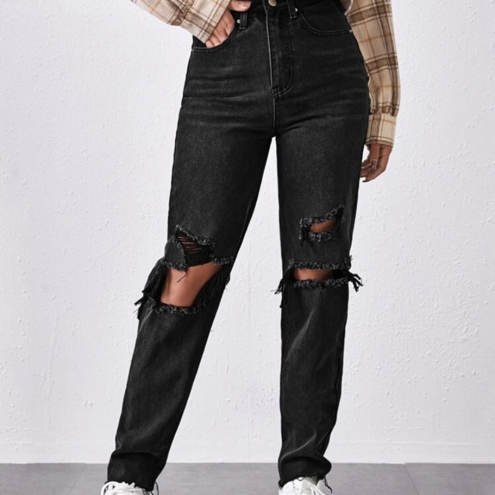 SHEIN High-Wasted Black Ripped Mom Jeans